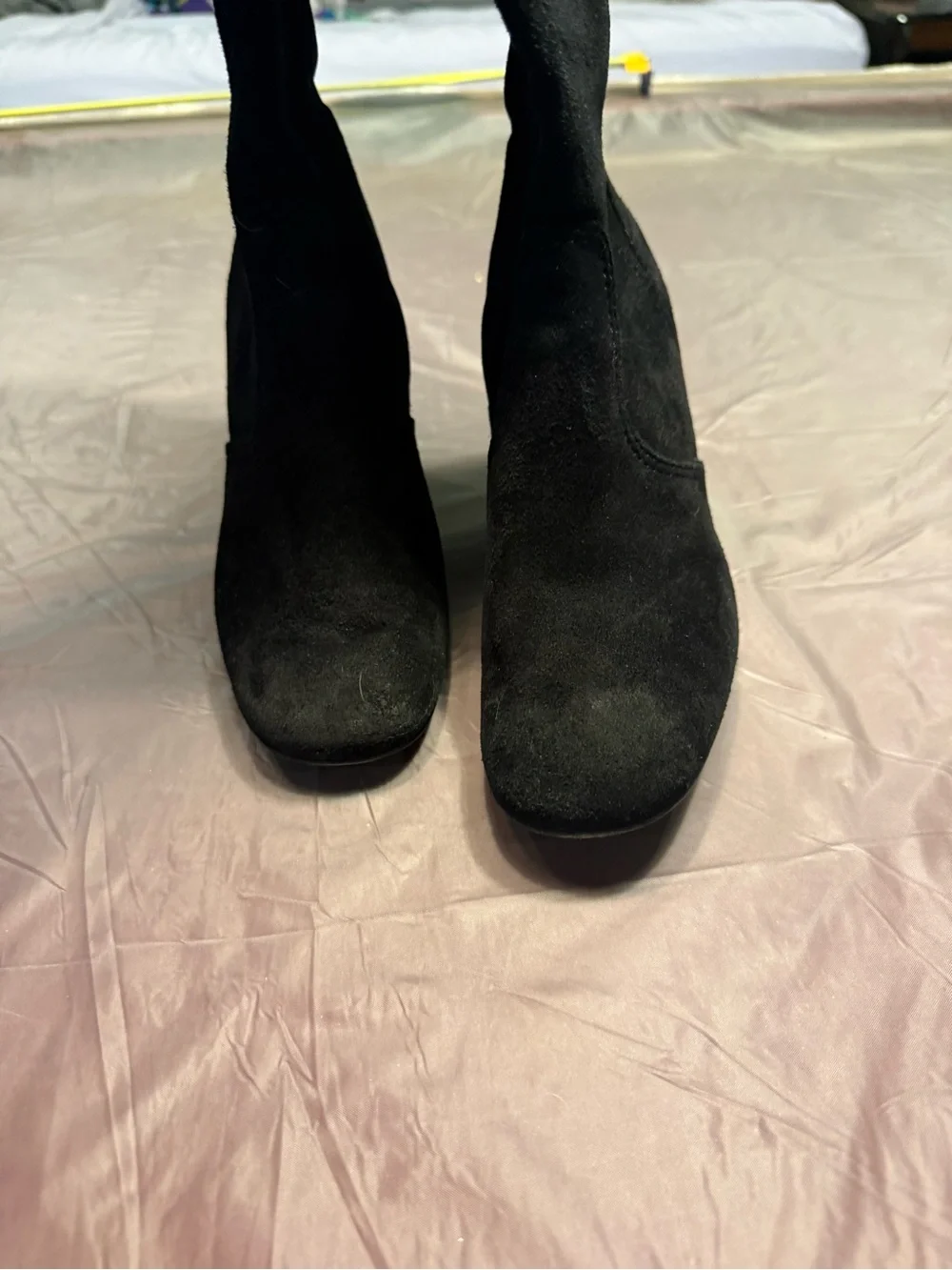 Tory Burch Hendin Black Gold Suede Leather Knee-High 3.5” Wedge Boots Size 8